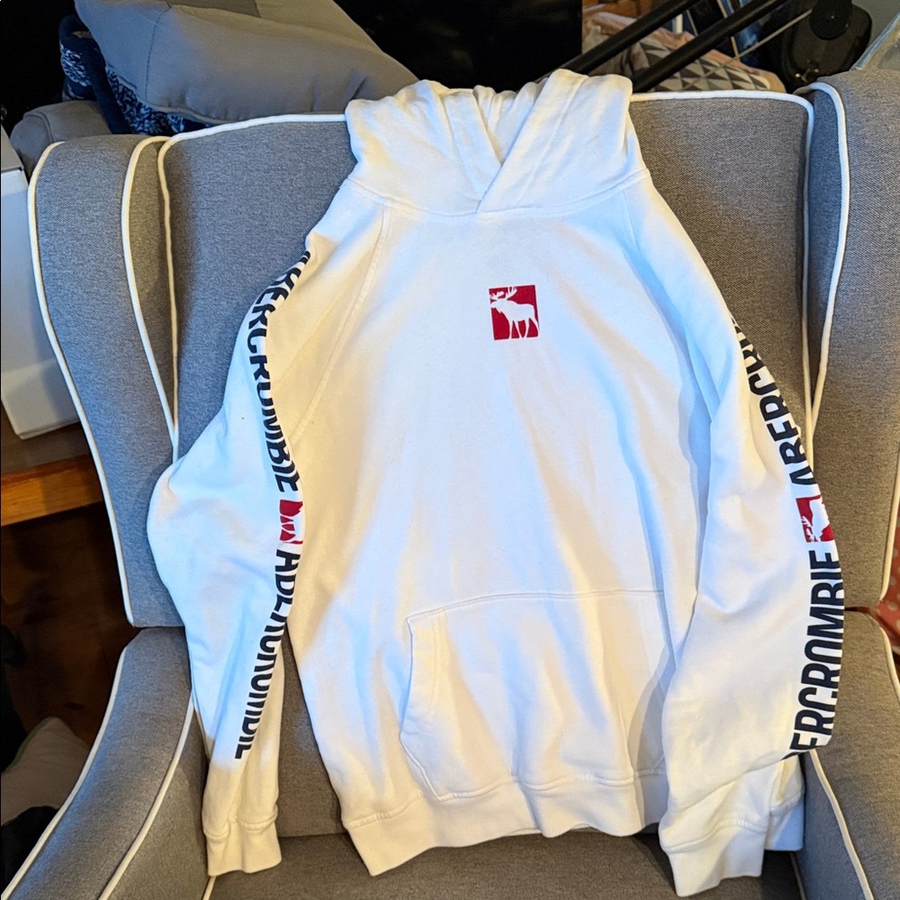 Abercrombie & Fitch White Hoodie with Red Logo and Blue Text